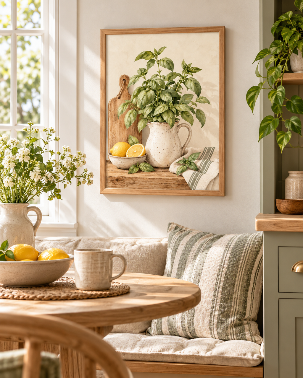 Watercolour basil plant in a speckled ceramic jug with lemons, wooden chopping board and striped kitchen cloth styled in a breakfast nook