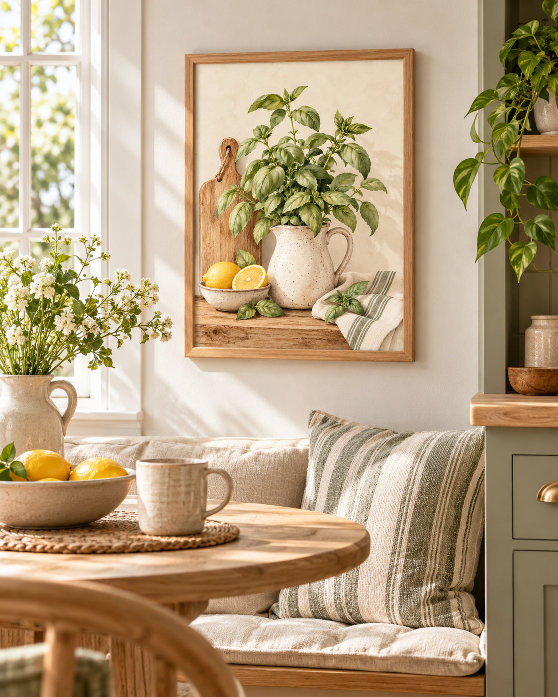 Watercolour basil plant in a speckled ceramic jug with lemons, wooden chopping board and striped kitchen cloth styled in a breakfast nook