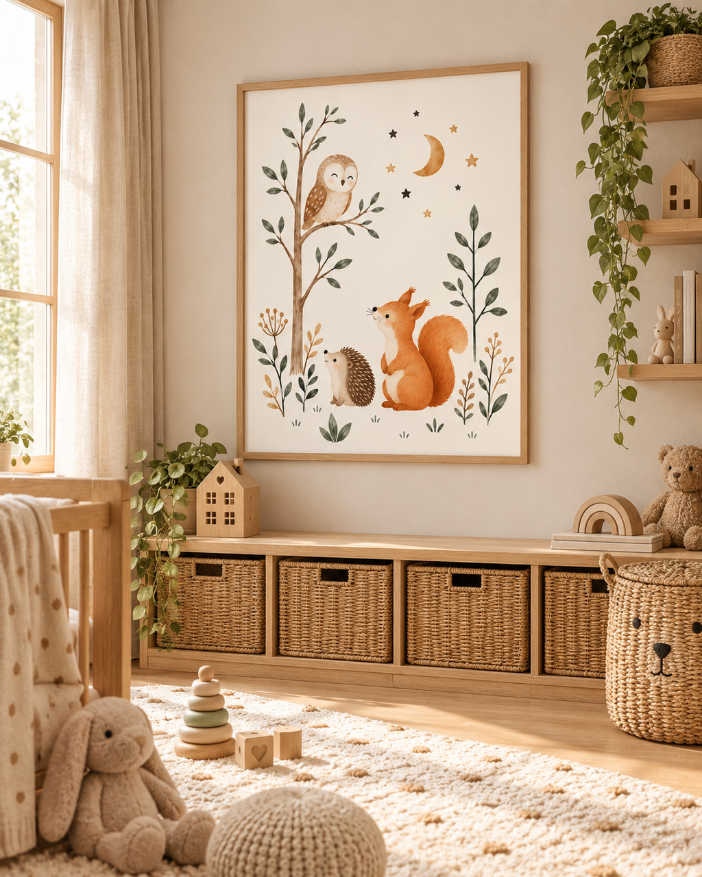 Woodland nursery owl, squirrel and hedgehog beneath a crescent moon and stars styled in a nursery
