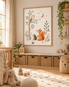 Woodland nursery owl, squirrel and hedgehog beneath a crescent moon and stars styled in a nursery