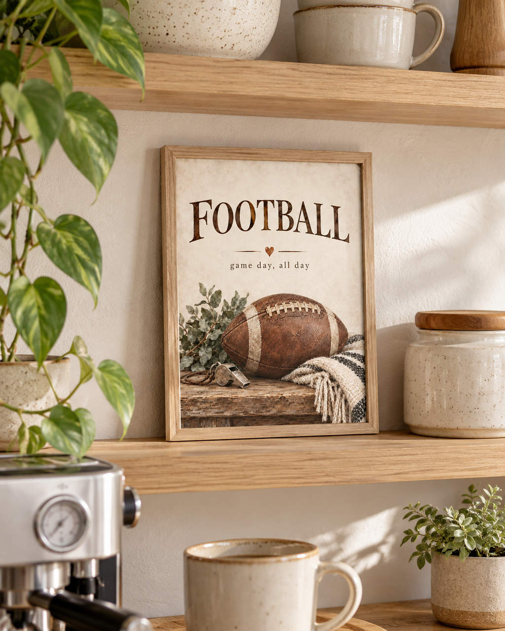 Vintage American football with game day all day wording, greenery and knitted textures styled in a shelf display