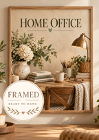 Home Office typography with a wooden desk, books, stationery, coffee mug, desk lamp and white florals; framed and ready to hang badge