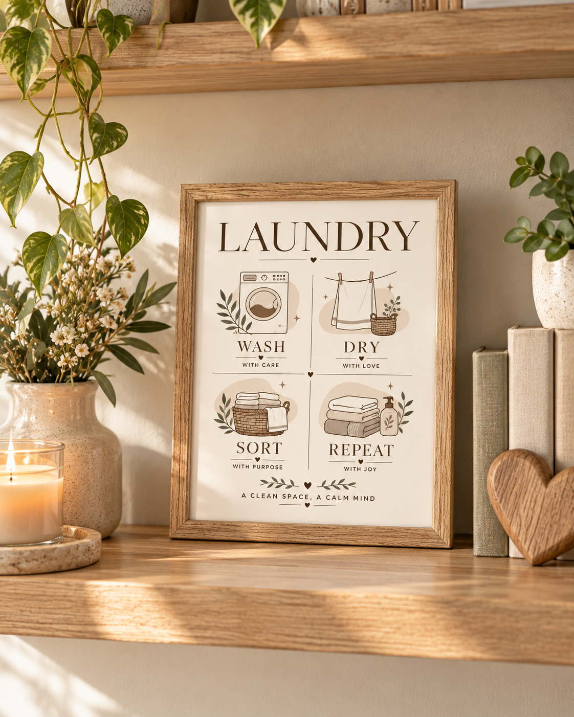 Wash Dry Sort Repeat laundry artwork with washing machine, drying line, woven basket, folded towels and botanical sprigs styled in a shelf