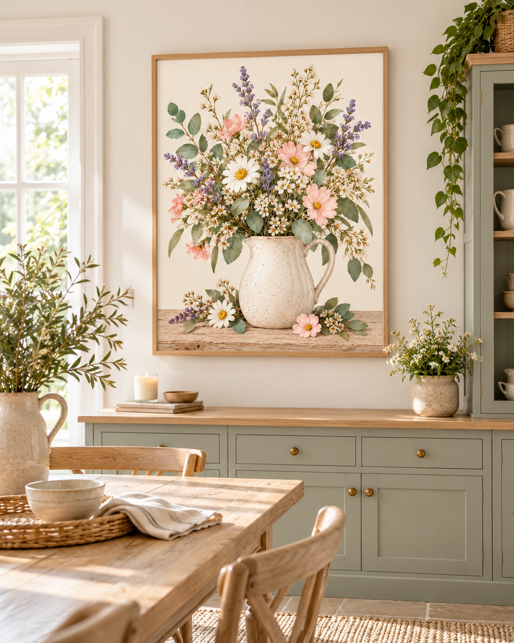 Pink wildflowers and white daisies with lavender stems and green foliage in a cream ceramic jug on a rustic tabletop styled in a dining room