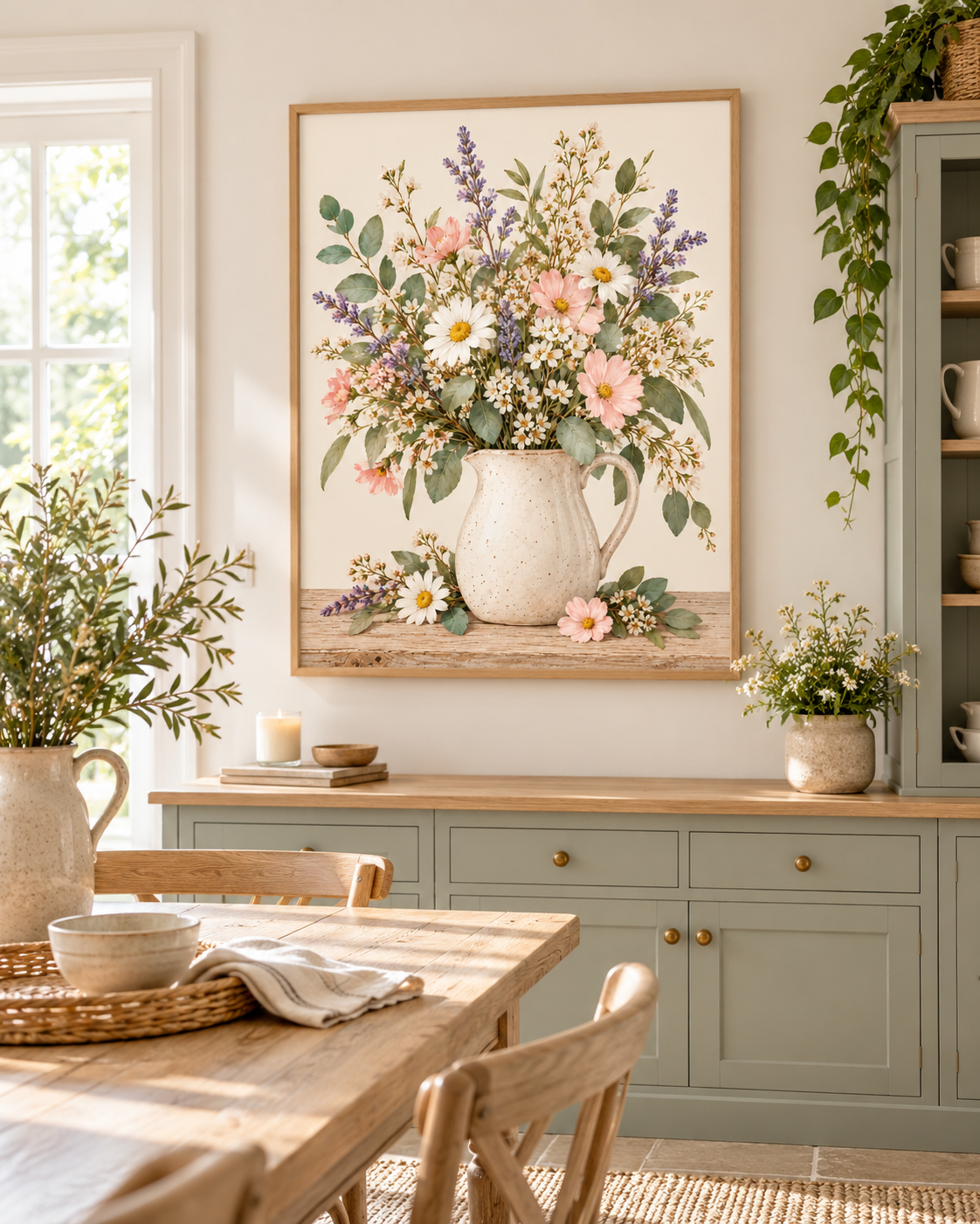 Pink wildflowers and white daisies with lavender stems and green foliage in a cream ceramic jug on a rustic tabletop styled in a dining room