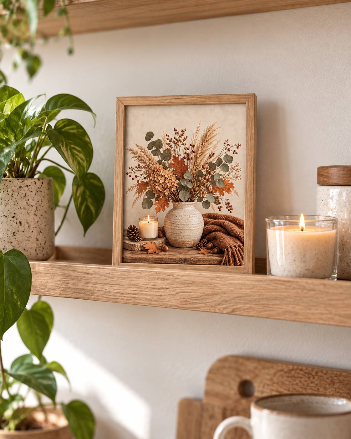 Autumn floral still life with dried hydrangeas, eucalyptus, copper leaves, rustic vase, candle, acorns and knitted throw styled in a shelf