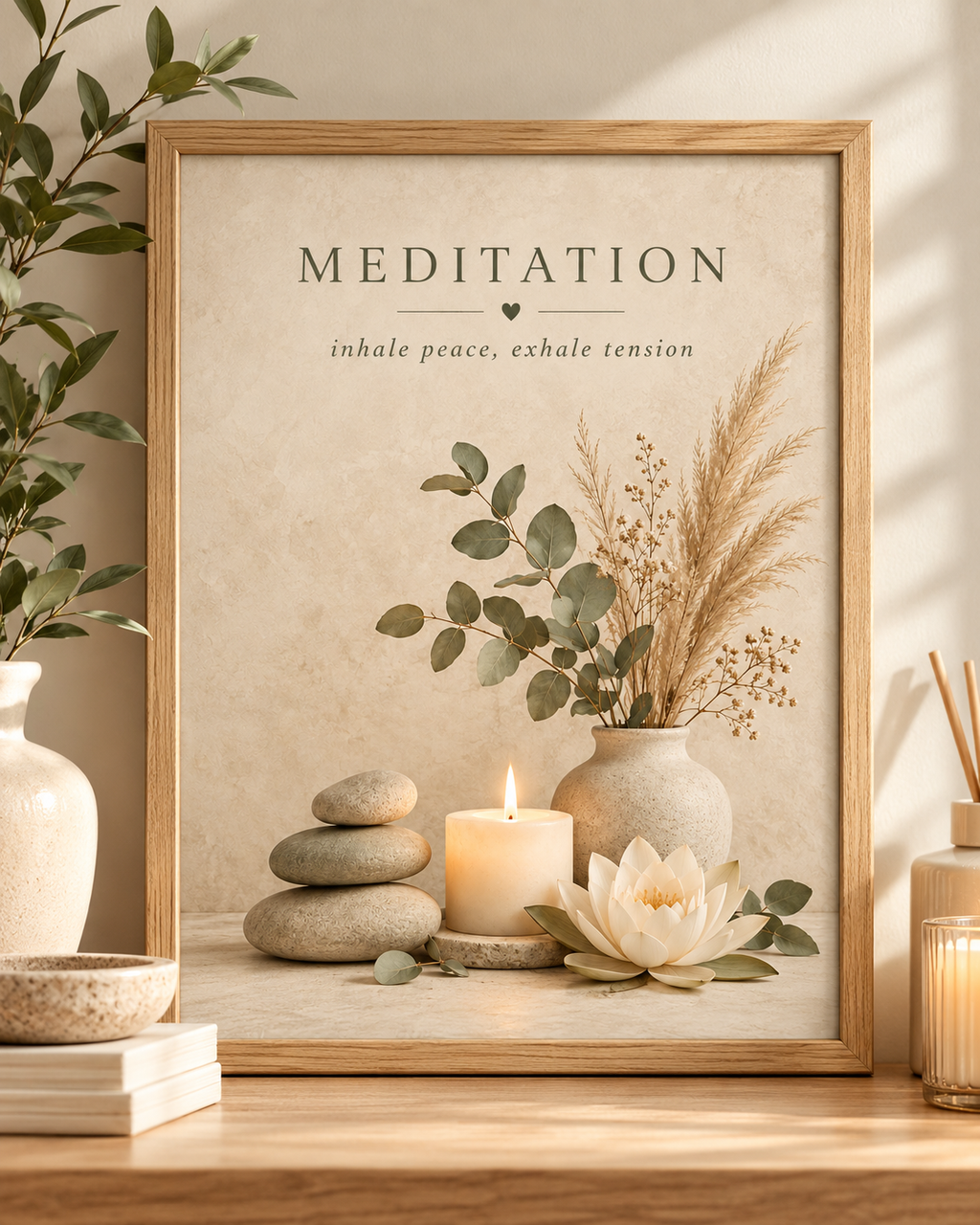 Meditation artwork with the words inhale peace, exhale tension, botanical stems, lotus flower, candle and stones; print only, frame not included