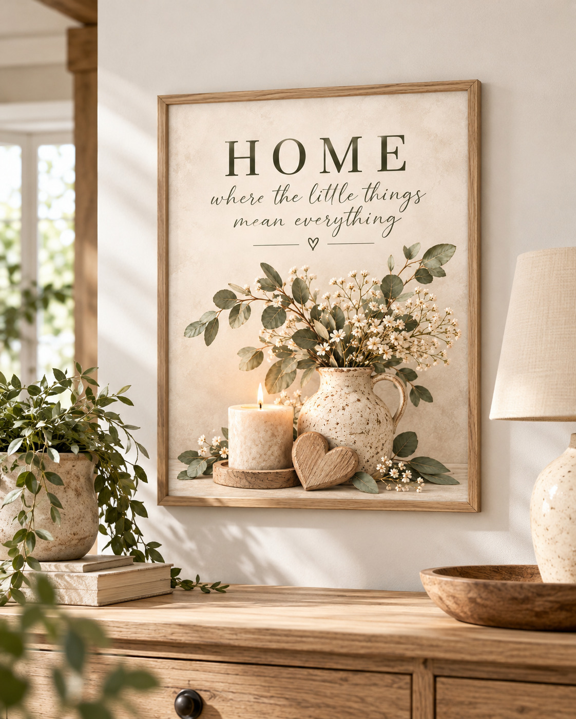 Home quote artwork above a wooden console with a bowl and books
