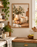 Cosy coffee and biscuits still life with botanical ceramic mug, white flowers, sage greenery, candle and rustic wooden tabletop styled in a kitchen counter