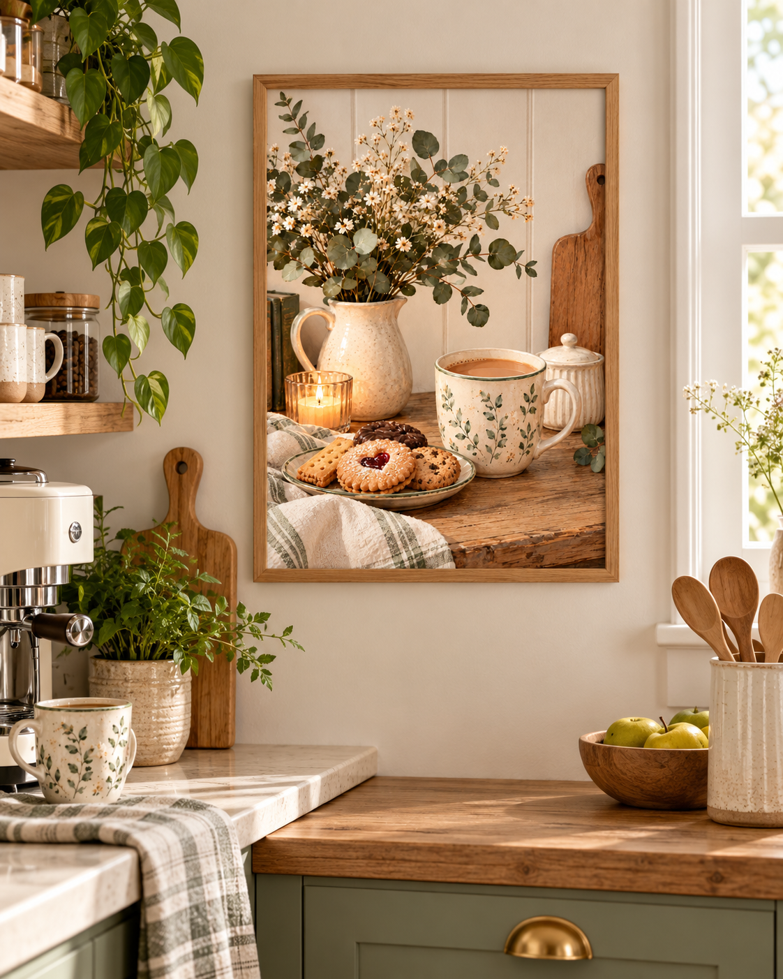 Cosy coffee and biscuits still life with botanical ceramic mug, white flowers, sage greenery, candle and rustic wooden tabletop styled in a kitchen counter