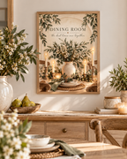 Dining Room the best times are together quote with sage greenery, white flowers, ceramic jug, candles and rustic table setting styled in a dining area