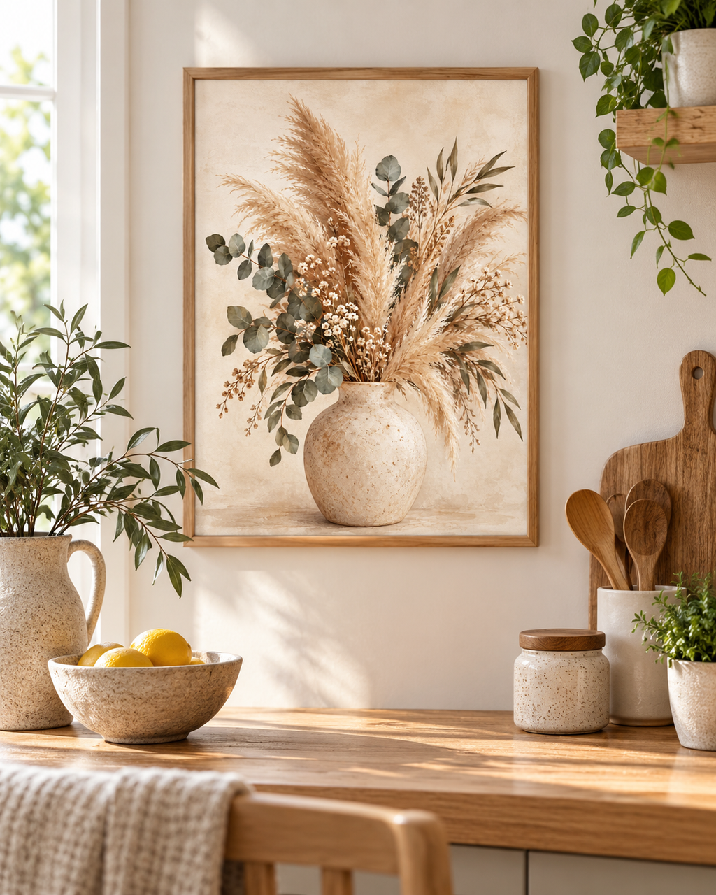 Neutral pampas grass, eucalyptus and tiny white flowers arranged in a rustic ceramic vase styled in a kitchen