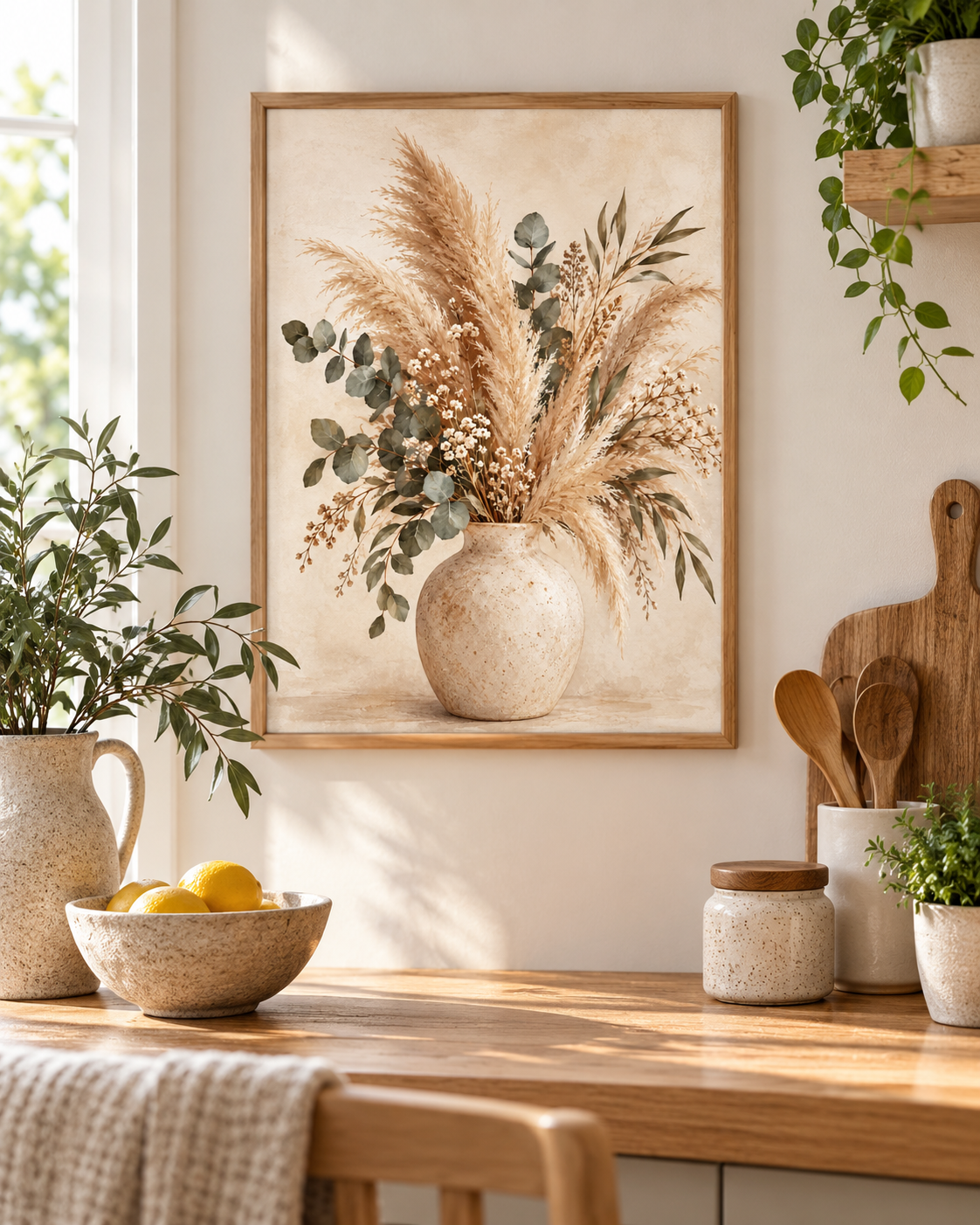 Neutral pampas grass, eucalyptus and tiny white flowers arranged in a rustic ceramic vase styled in a kitchen