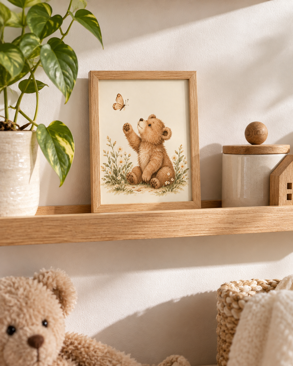 Watercolour teddy bear raising a paw towards a butterfly among daisies and soft foliage styled in a nursery
