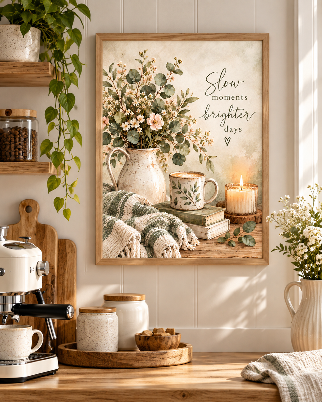 Slow moments brighter days artwork above a sage coffee counter
