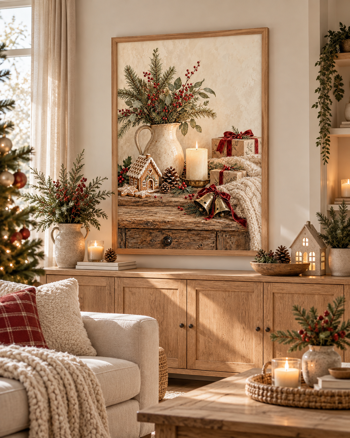 Rustic Christmas artwork with a gingerbread house, winter greenery, candle and wrapped gifts styled in a living room