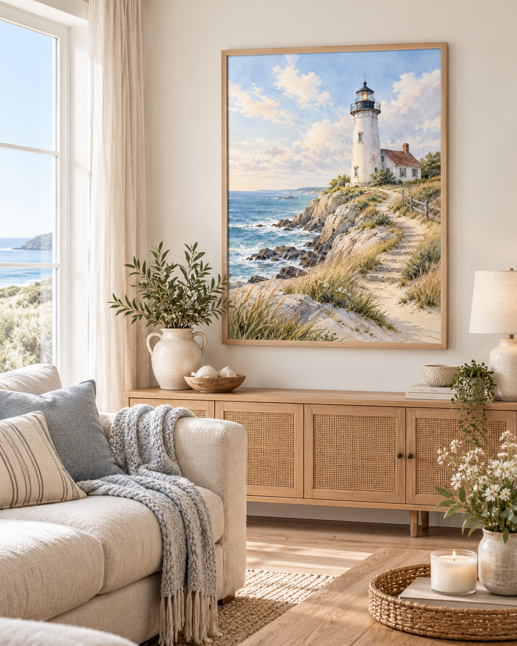 Painterly coastal landscape with white lighthouse and cottage, blue ocean waves, rocky shore, sandy path, wooden fence and coastal grasses styled in a living room