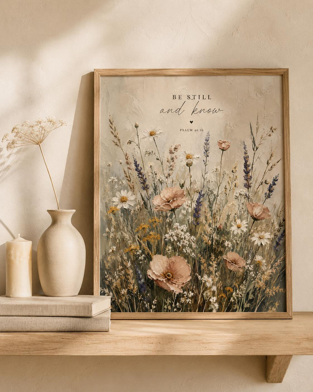 Be Still and Know Psalm 46:10 artwork with a softly painted wildflower meadow above a console