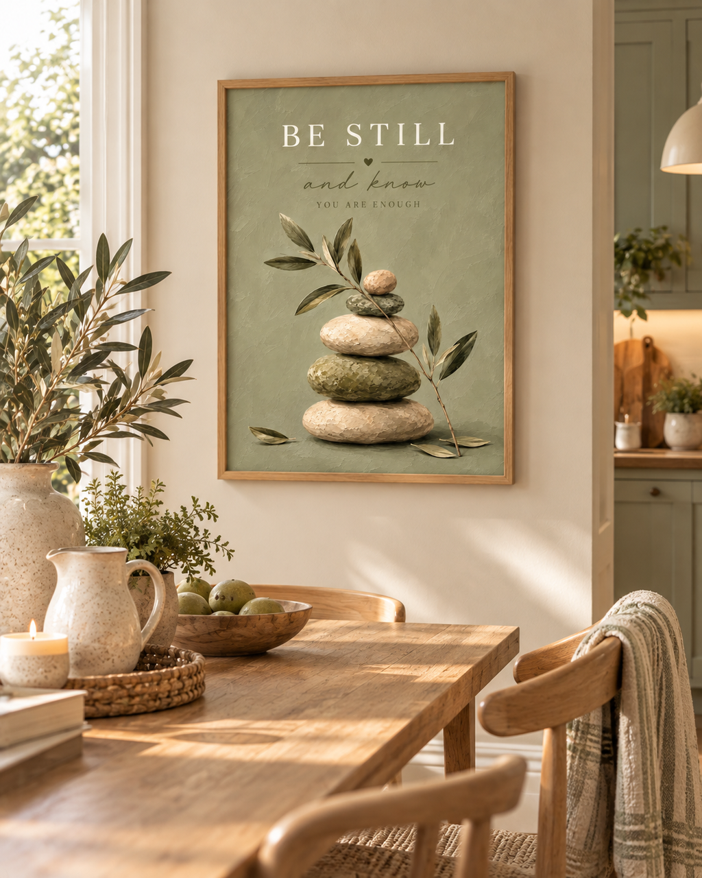 Be Still and Know You Are Enough quote with sage-green balancing stones and delicate olive branches styled in a dining area
