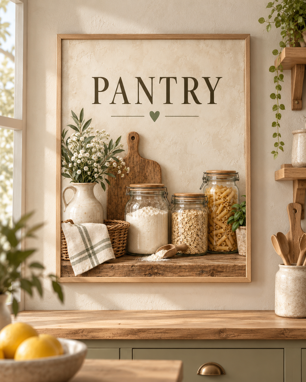 Rustic pantry artwork with glass storage jars, wooden chopping board, ceramic jug, white flowers and PANTRY lettering; print only, frame not included
