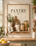 Rustic pantry artwork with glass storage jars, wooden chopping board, ceramic jug, white flowers and PANTRY lettering; print only, frame not included