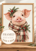 Christmas pink piglet illustration with tartan scarf, evergreen sprigs, red berries and pine cones on a warm cream background; framed and ready to hang badge