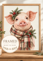 Christmas pink piglet illustration with tartan scarf, evergreen sprigs, red berries and pine cones on a warm cream background; framed and ready to hang badge