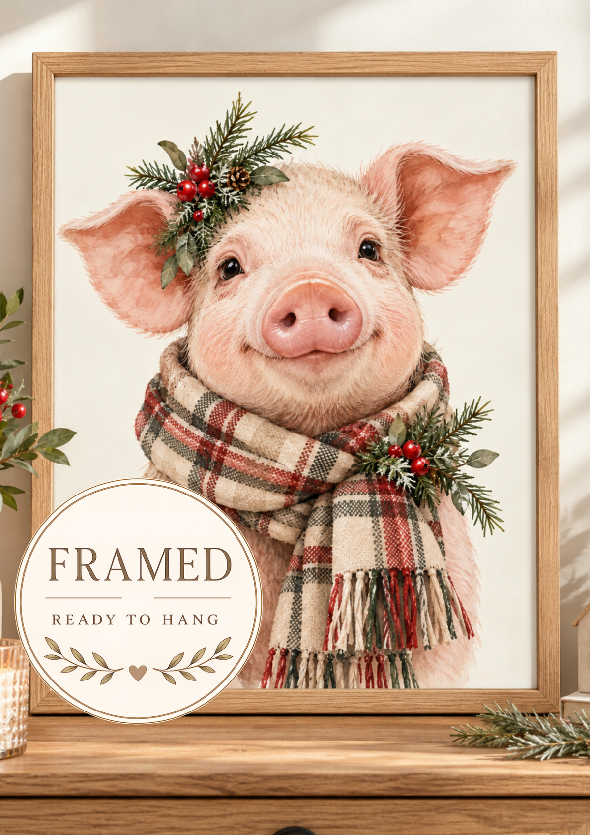 Christmas pink piglet illustration with tartan scarf, evergreen sprigs, red berries and pine cones on a warm cream background; framed and ready to hang badge