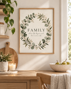Family where life begins and love never ends quote surrounded by a sage green eucalyptus and white flower wreath styled in a kitchen