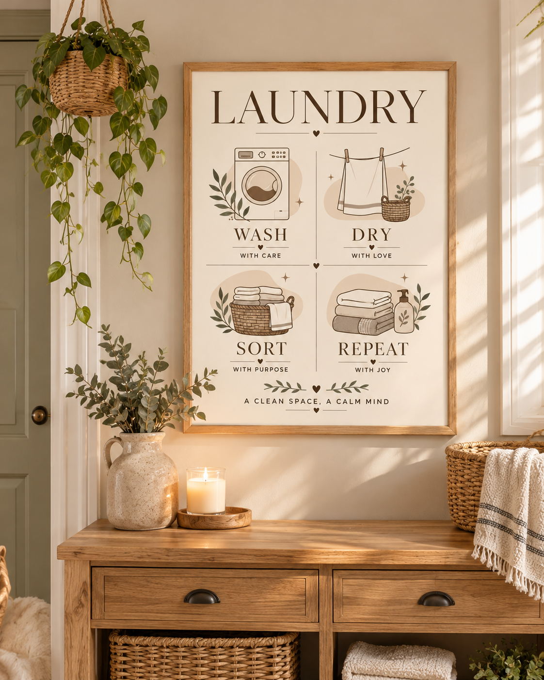 Wash Dry Sort Repeat laundry artwork with washing machine, drying line, woven basket, folded towels and botanical sprigs styled in a laundry dresser