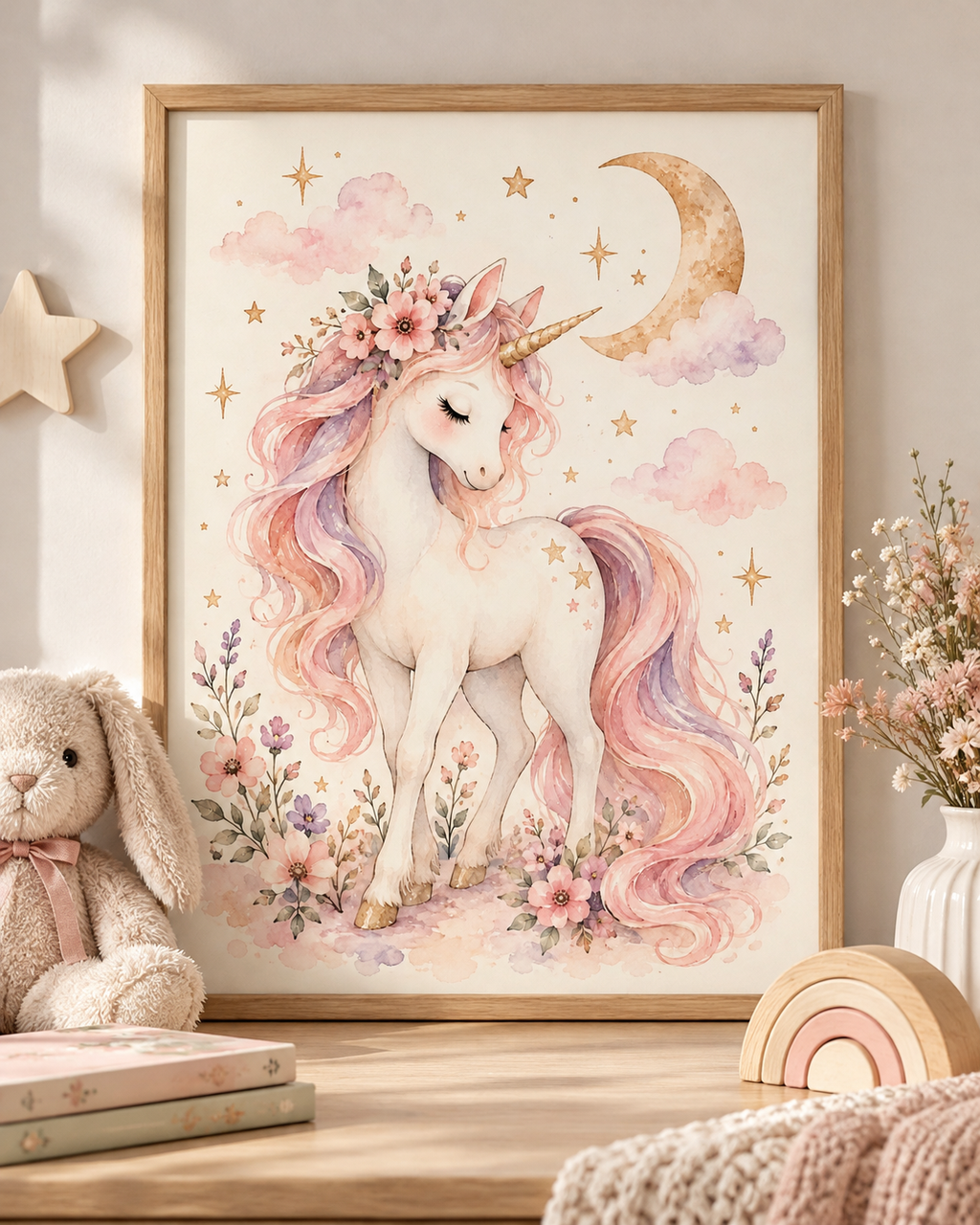 Pink and lilac watercolour unicorn with floral crown, golden crescent moon and stars; print only, frame not included