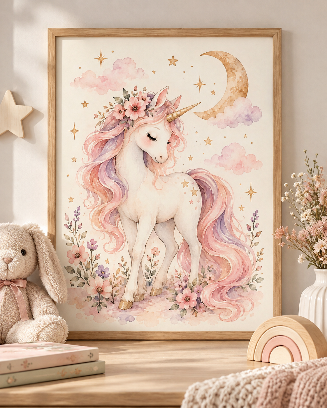 Pink and lilac watercolour unicorn with floral crown, golden crescent moon and stars; print only, frame not included