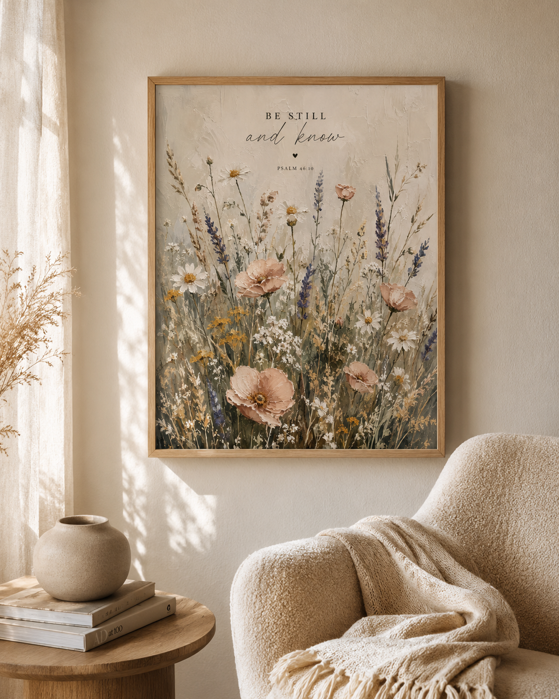 Be Still and Know Psalm 46:10 artwork with a softly painted wildflower meadow beside a cosy armchair