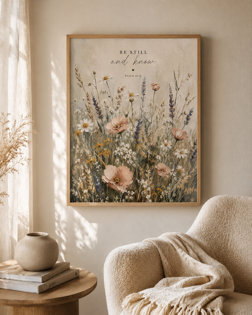 Be Still and Know Psalm 46:10 artwork with a softly painted wildflower meadow beside a cosy armchair