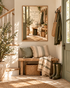 Boot Room quote, Muddy boots happier days, with wellies, rustic bench, woven baskets and country entryway details styled in a country entryway