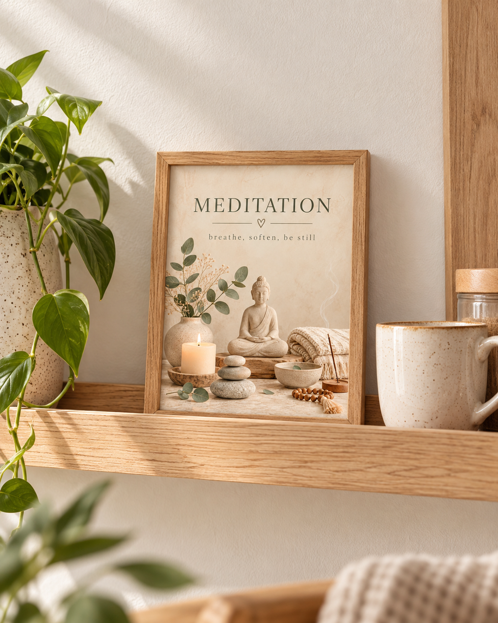 Buddha meditation artwork with eucalyptus, candle, stones and the words breathe, soften, be still on a wooden shelf