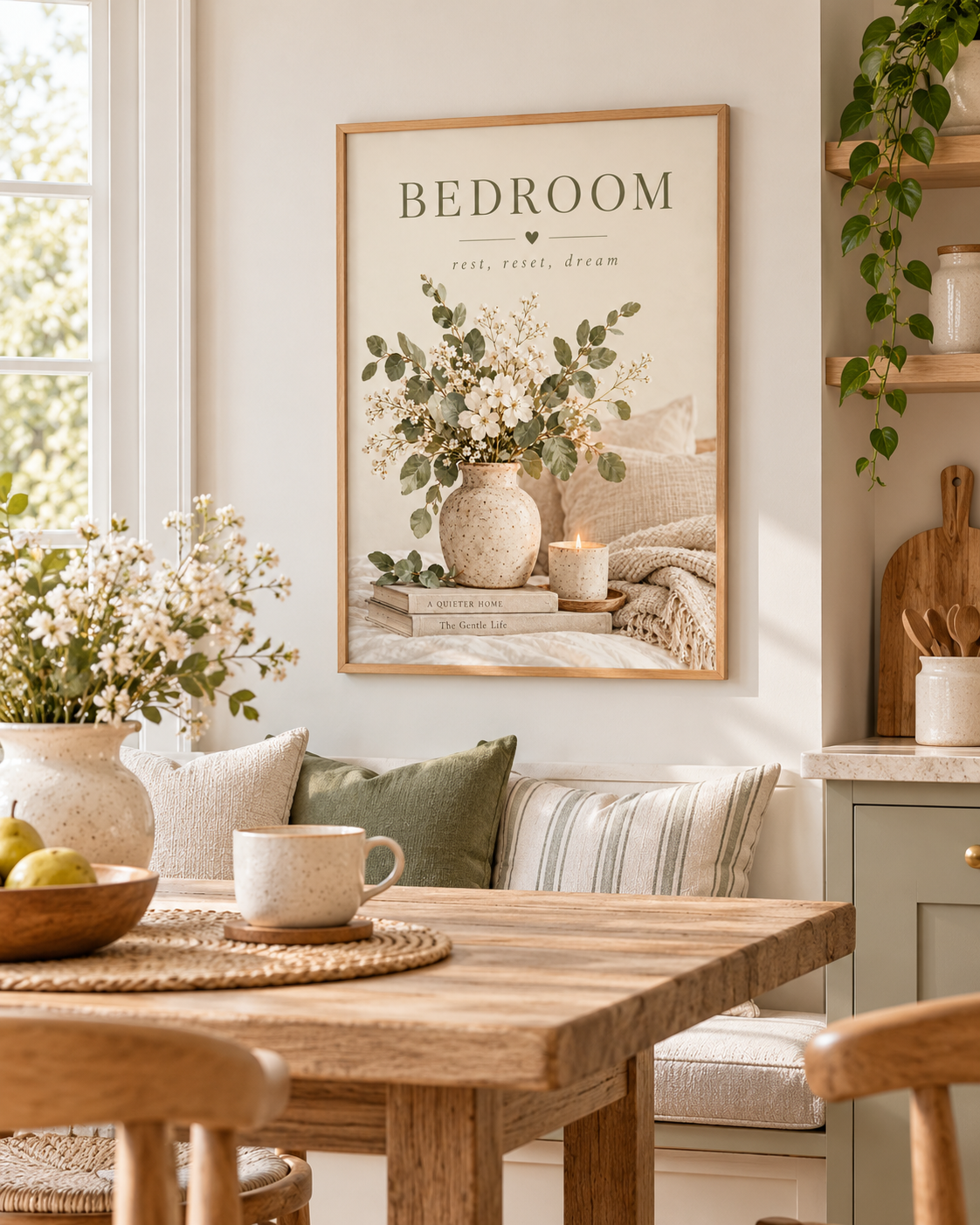 Bedroom rest reset dream quote with white flowers, sage foliage, ceramic vase, candle, books and soft neutral bedding styled in a dining room