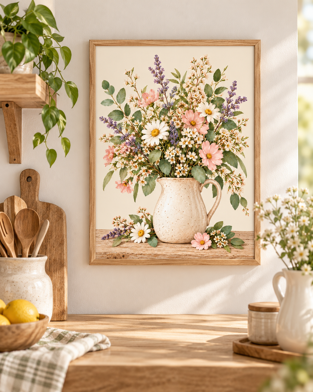 Pink wildflowers and white daisies with lavender stems and green foliage in a cream ceramic jug on a rustic tabletop styled in a kitchen