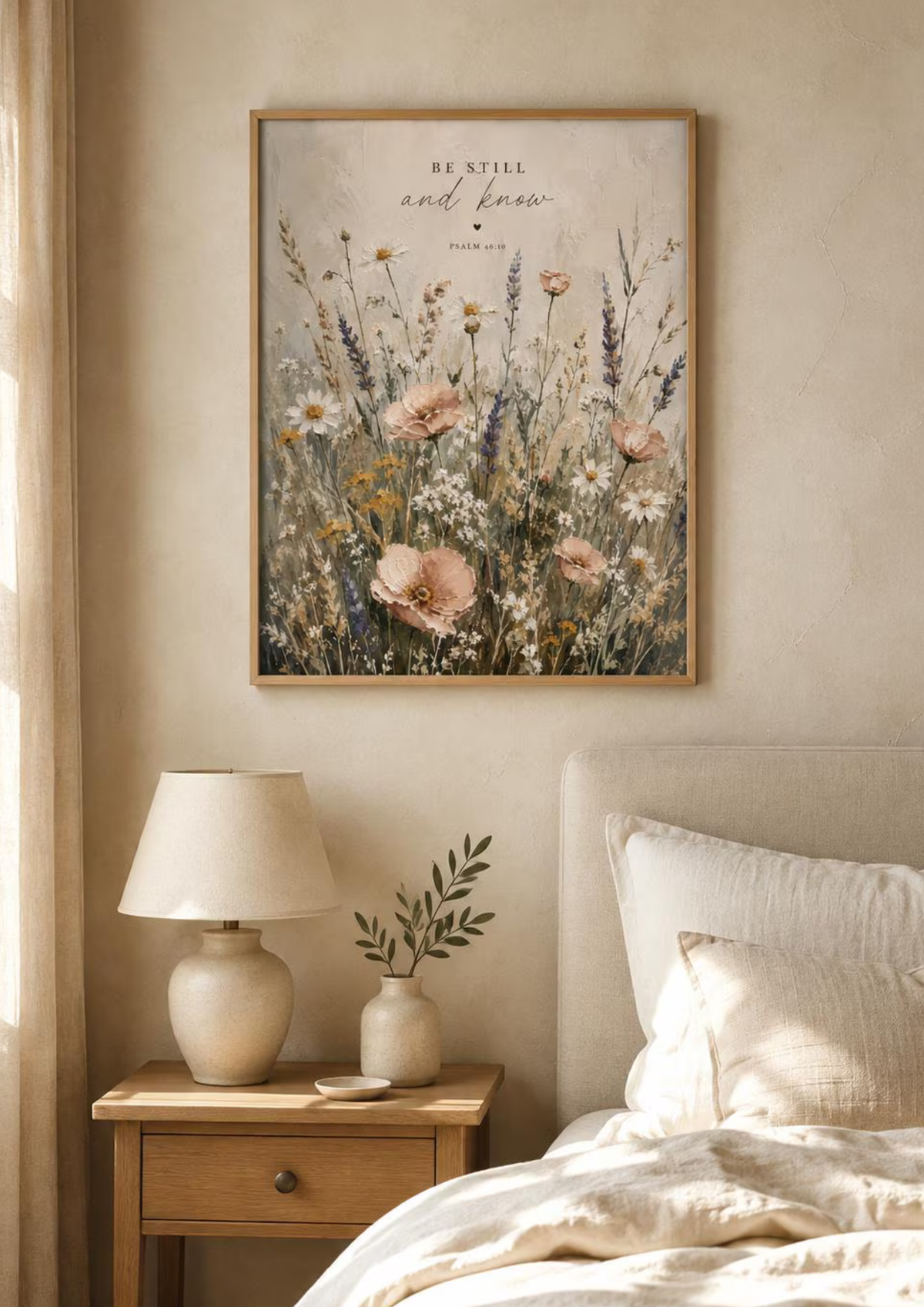 Be Still and Know Psalm 46:10 artwork with a softly painted wildflower meadow styled in a bedroom