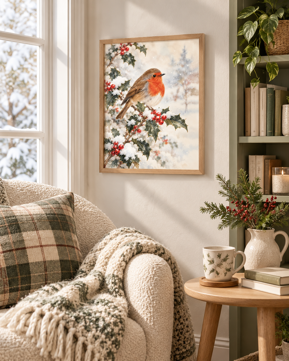 Winter robin perched on snowy holly branches with red berries and a softly painted winter background styled in a reading corner