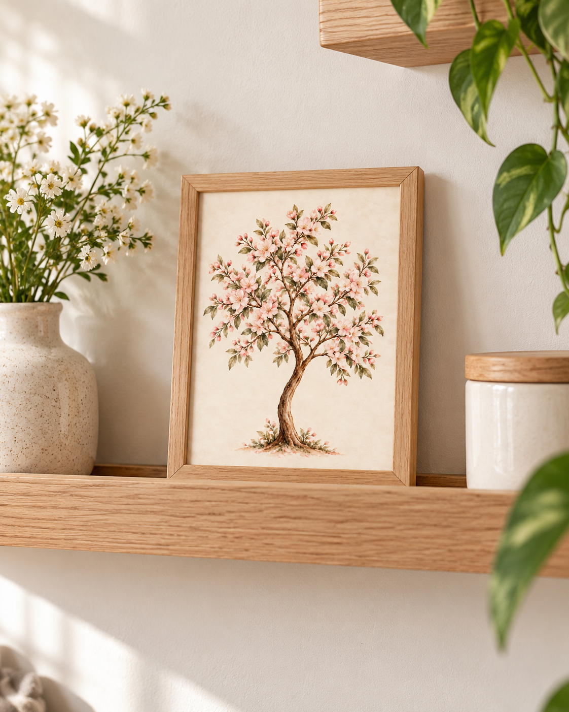 Watercolour flowering tree with blush pink blossoms, muted green leaves and a curved brown trunk on warm ivory styled in a shelf display