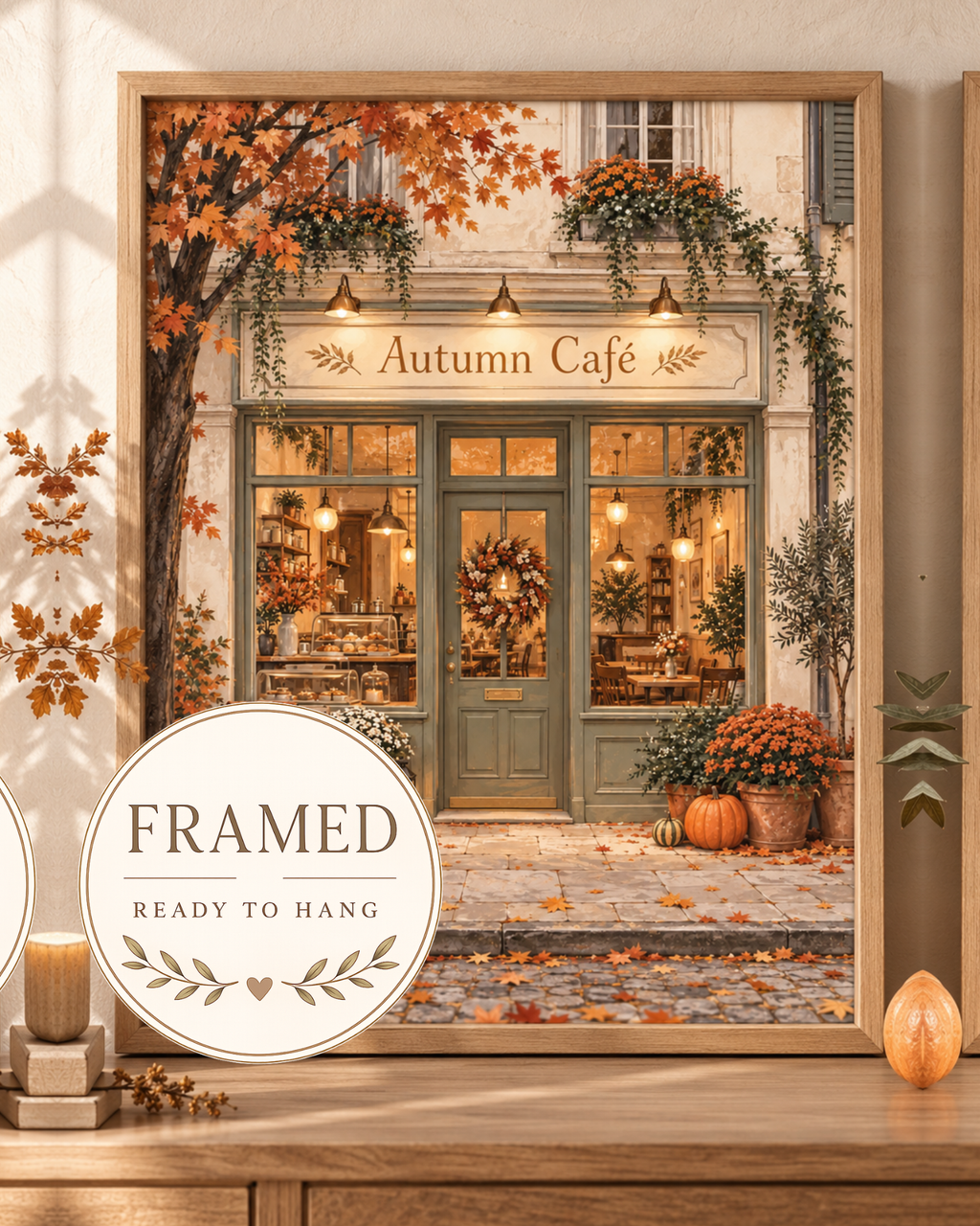 Framed Autumn Café cosy coffee shop wall art front image