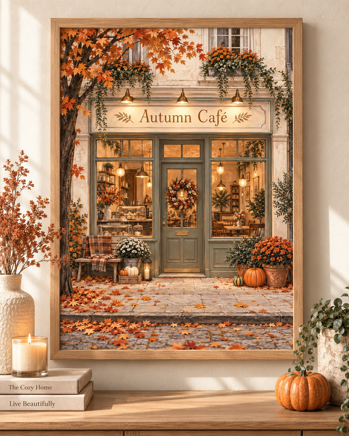 Autumn Café framed print home vignette mockup