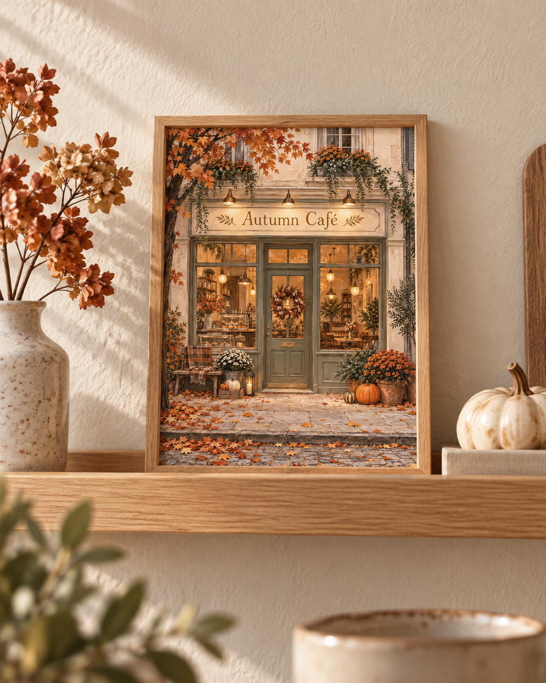 Autumn Café print small shelf vignette mockup