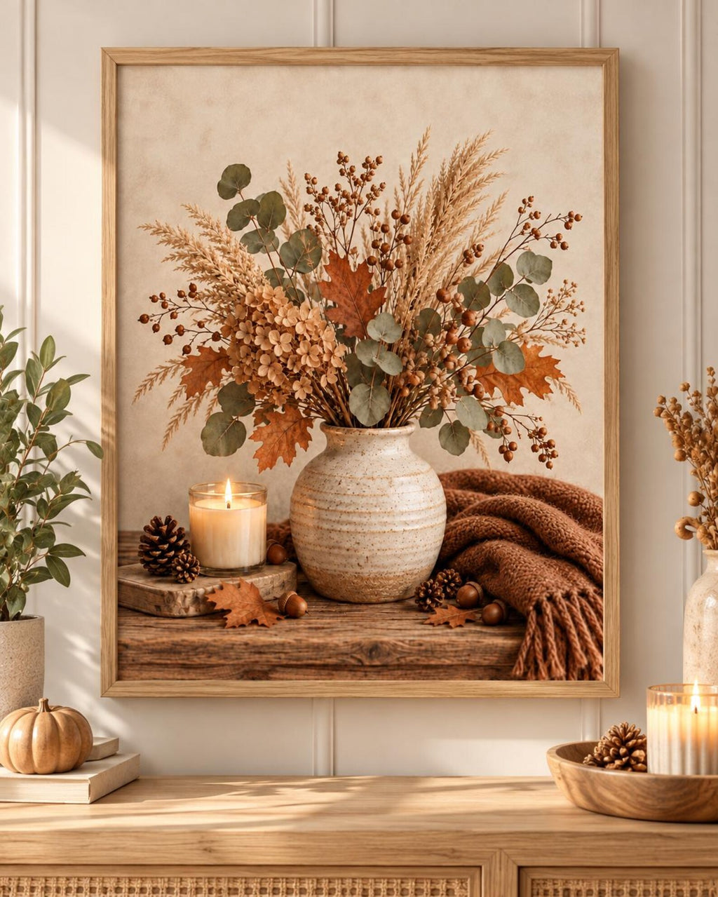 Autumn floral still life with dried hydrangeas, eucalyptus, copper leaves, rustic vase, candle, acorns and knitted throw; print only, frame not included