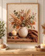 Autumn floral still life with dried hydrangeas, eucalyptus, copper leaves, rustic vase, candle, acorns and knitted throw; print only, frame not included