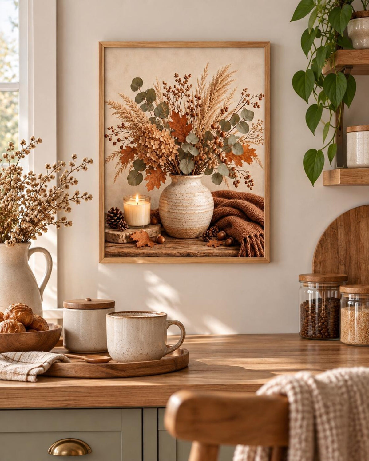 Autumn floral still life with dried hydrangeas, eucalyptus, copper leaves, rustic vase, candle, acorns and knitted throw styled in a kitchen