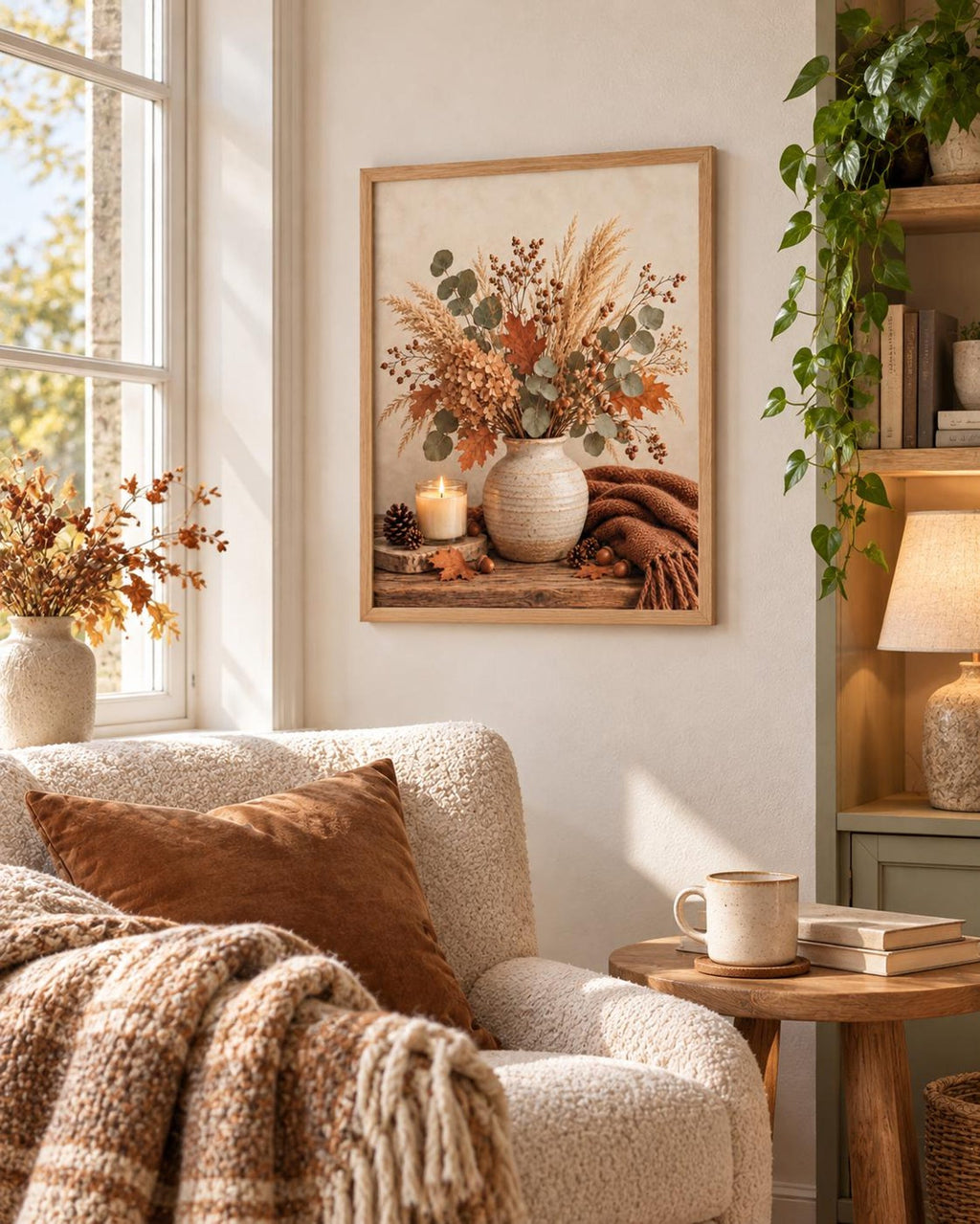 Autumn floral still life with dried hydrangeas, eucalyptus, copper leaves, rustic vase, candle, acorns and knitted throw styled in a reading corner