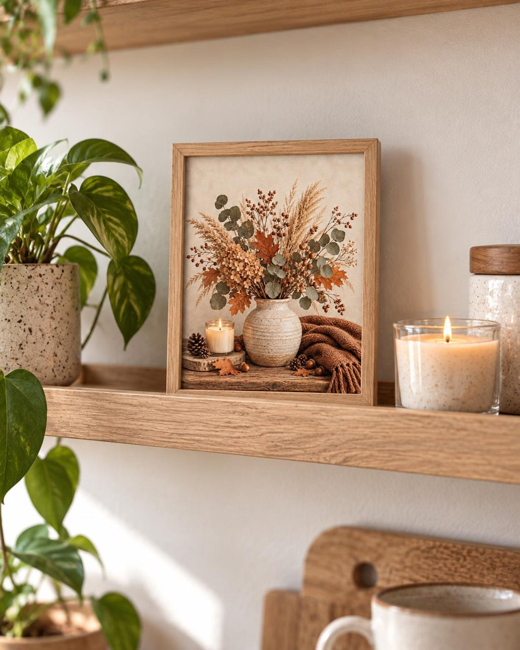 Autumn floral still life with dried hydrangeas, eucalyptus, copper leaves, rustic vase, candle, acorns and knitted throw styled in a shelf
