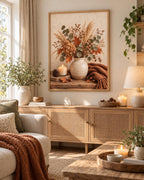 Autumn floral still life with dried hydrangeas, eucalyptus, copper leaves, rustic vase, candle, acorns and knitted throw styled in a living room
